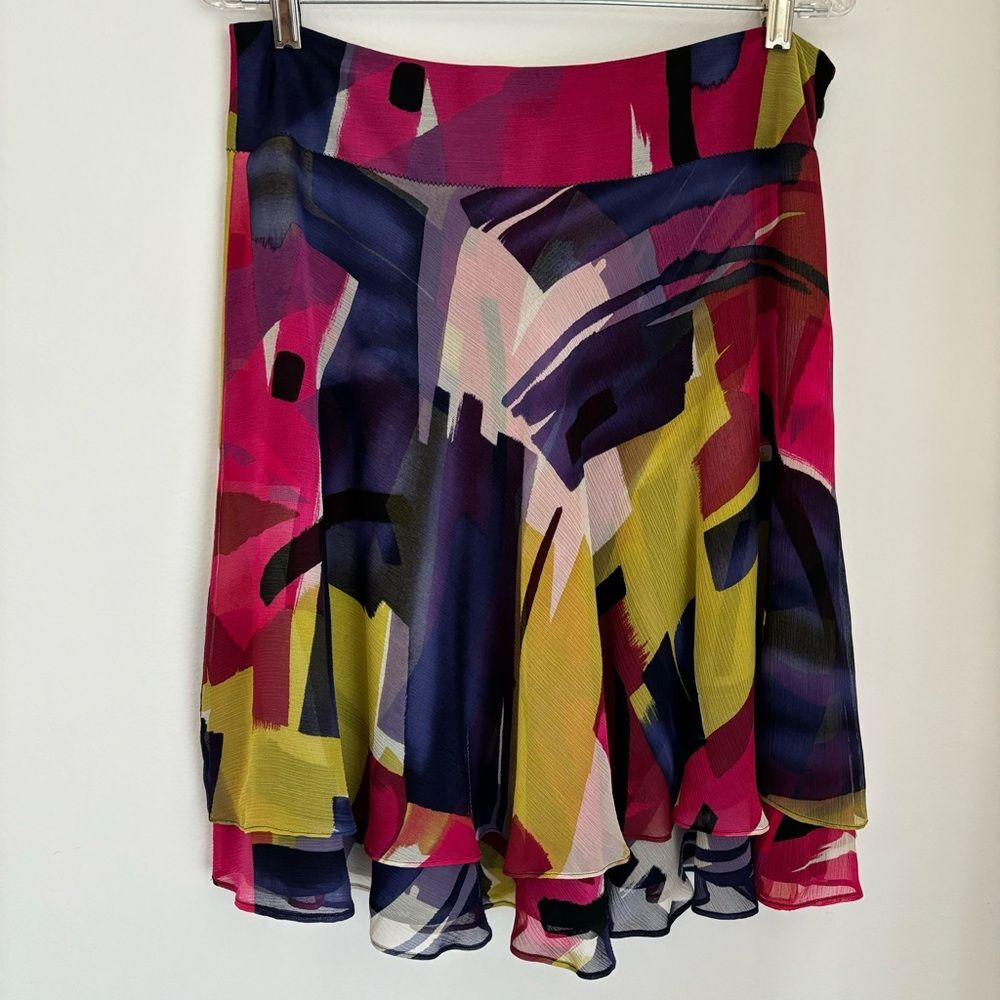 Calvin Klein Abstract colorful bright tiered Ruffle 100% silk skirt size 10 EUC